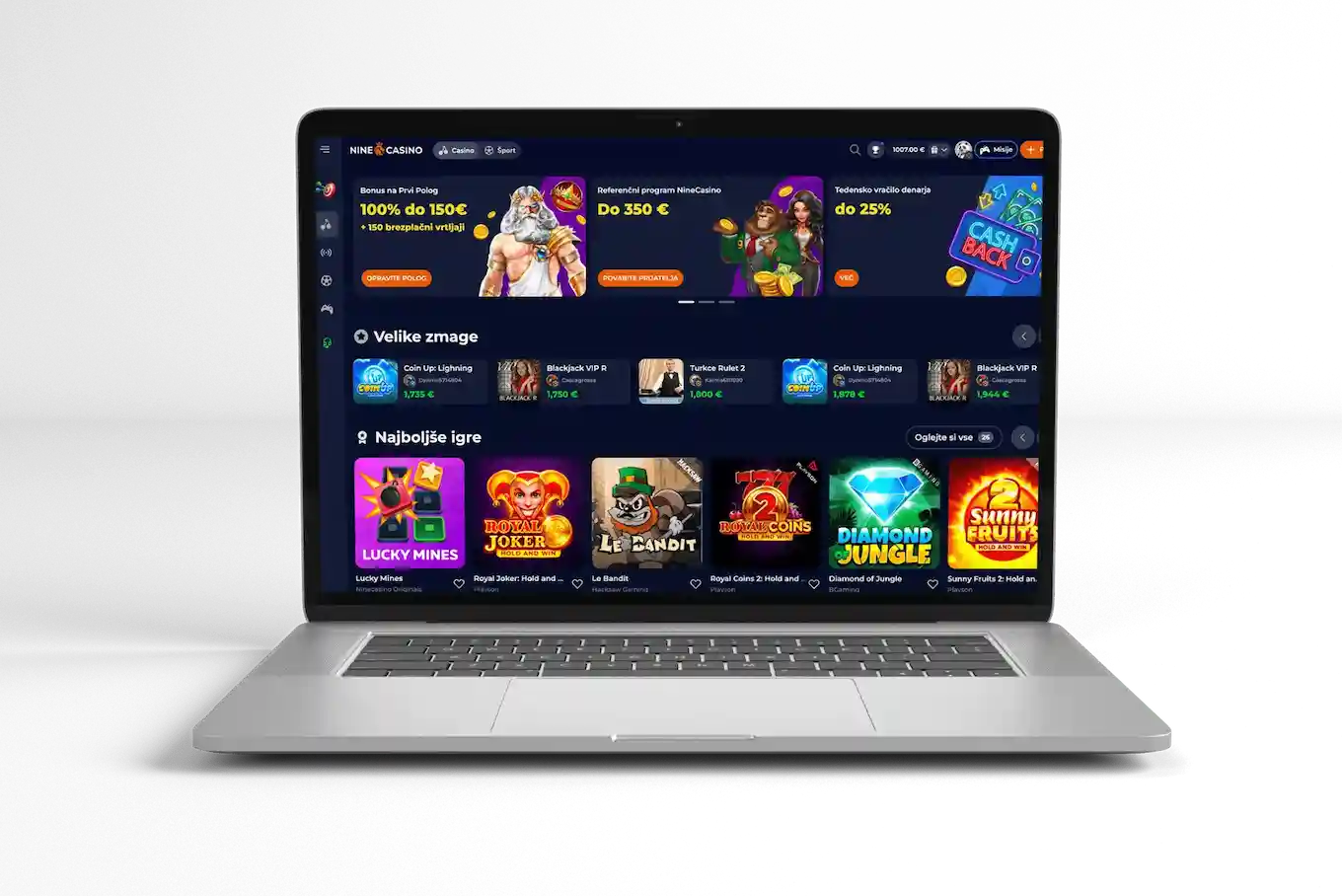 Nine Casino uradna spletna stran vmesnik