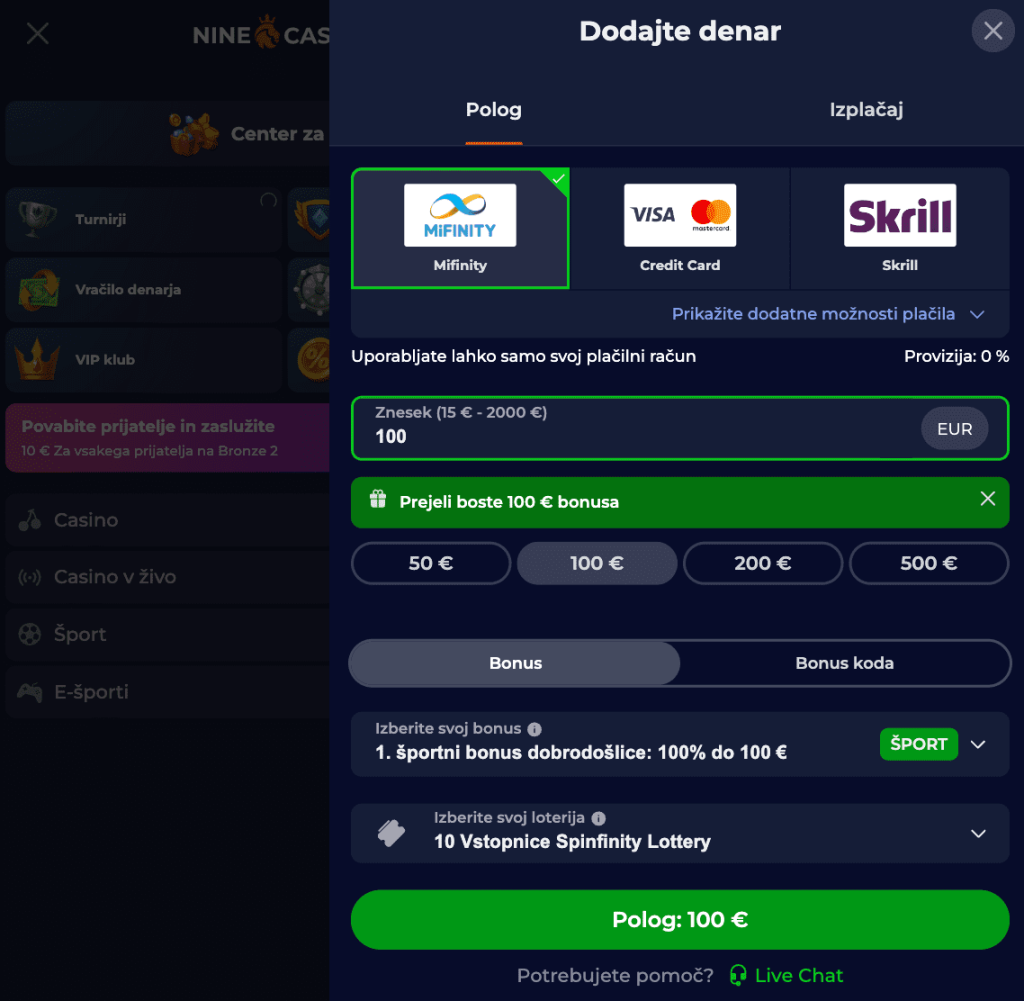 Načini plačila Casino Nine